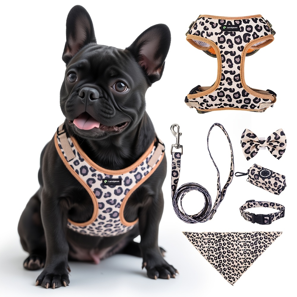 

6pcs Set Leopard Print Pet Accessories, Breathable Mesh Necklace, Harness, 4-foot Leash, Bandana, , Snack Bag, Polyester Fiber Material, With Uncharged, No Battery Required For Dogs