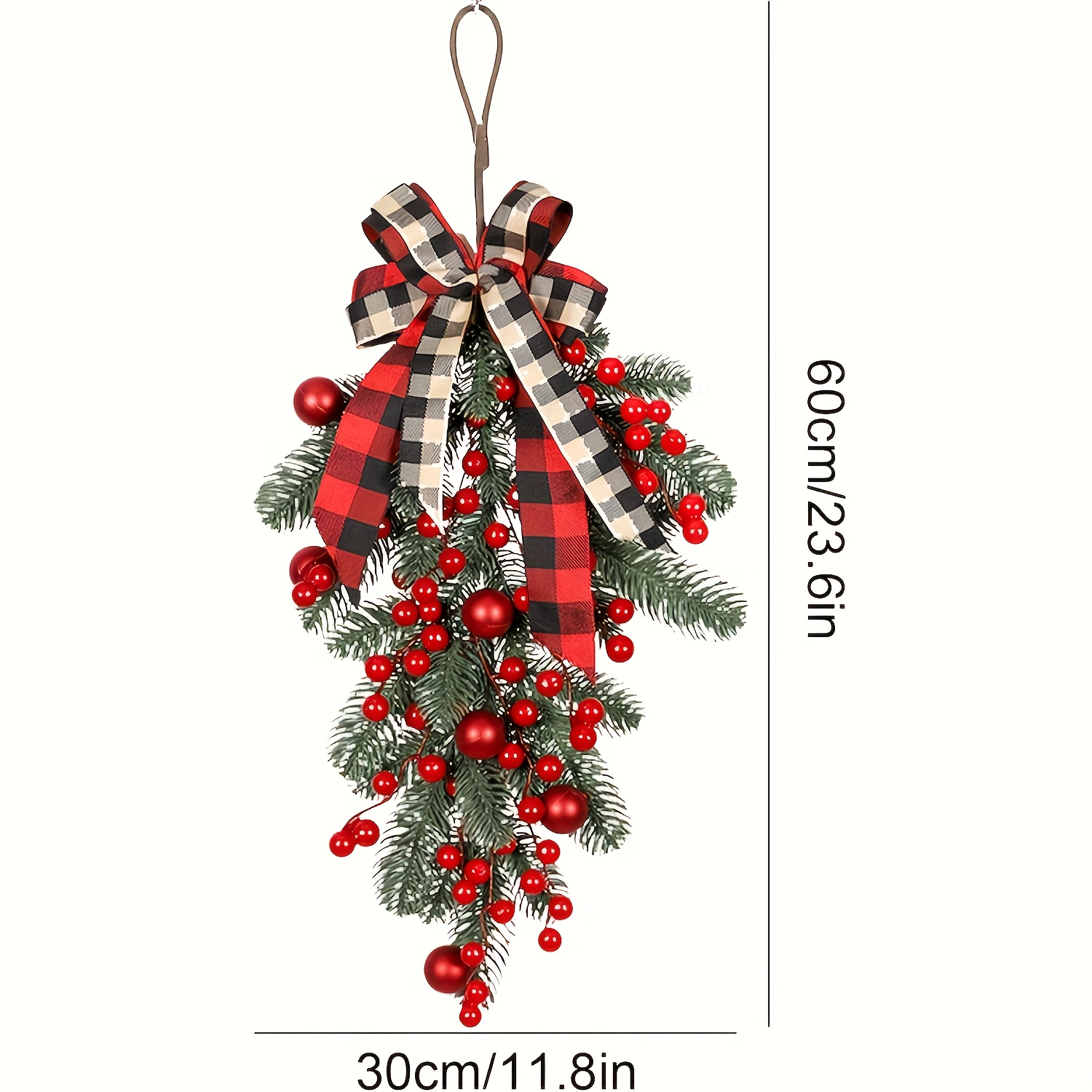Farmhouse Christmas Teardrop - Artificial Pine Branch With Berries, Perfect For Front Door & Wall Decor