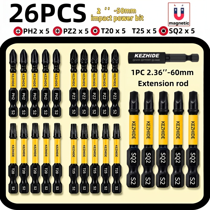 TEMU High Hardness 20pcs S2 Alloy Steel Bit Set With Extension Bar, Including Phillips/torx/square Drive Bits In Full Specifications. Features