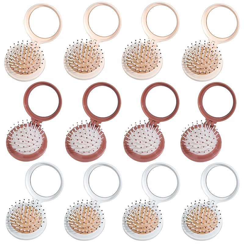Image of 12pcs Mini Folding Comb With Mirror Set | Portable Airbag Massage Comb For Women, Lightweight Double Folding Design, Durable Abs Plastic Hair Styling Tool For Outdoor & Travel - For Travel Hair Care