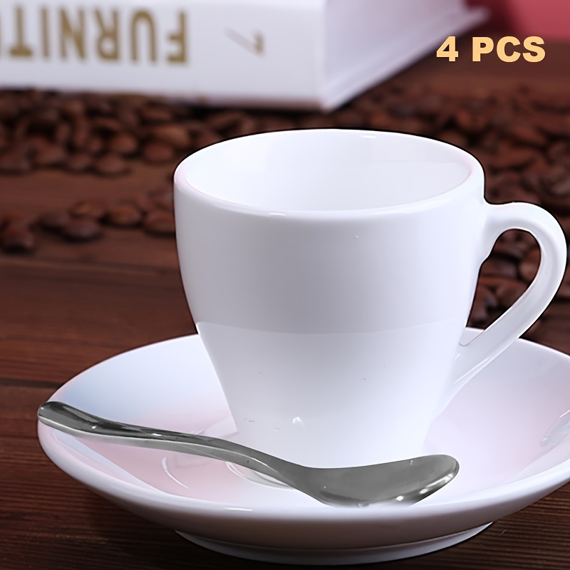 

4 Pcs, White Ceramic Coffee Cup + Saucer+ Spoon, Coffee Mugs, Espresso Coffee Drinkware, 6oz Cups For Cafe Tea Milk Cappuccino Latte Chocolate, Home Kitchenware Tool