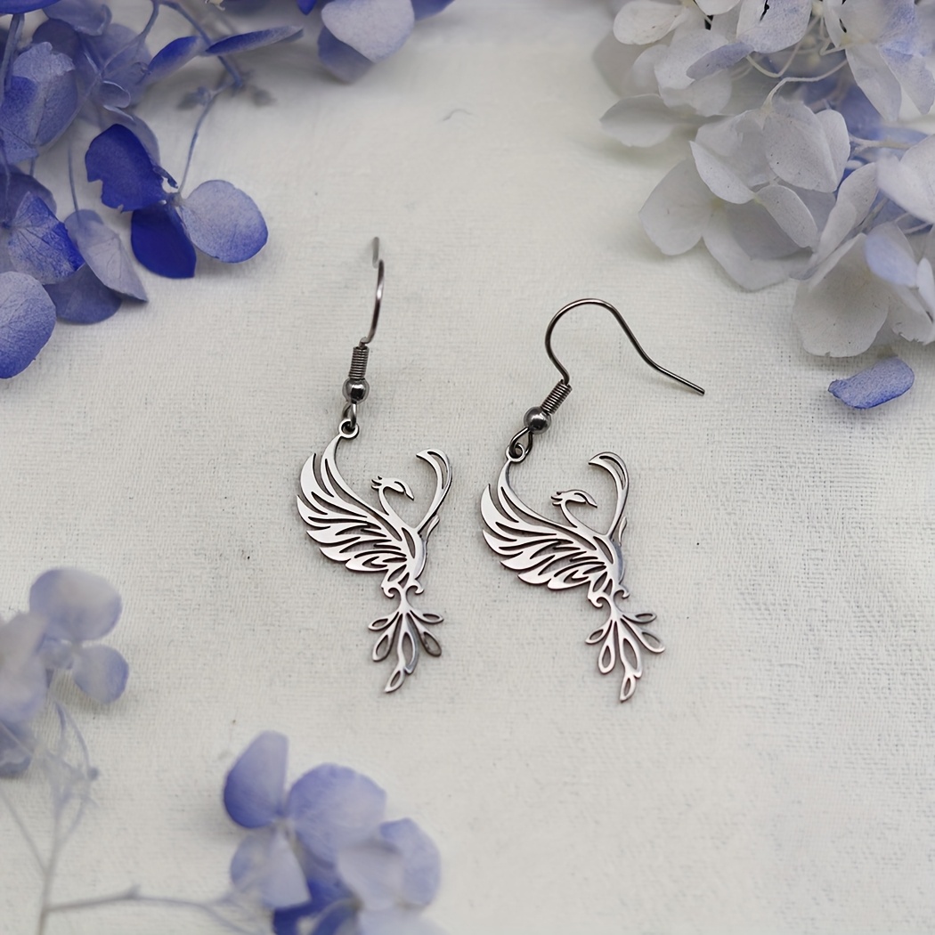 Bohemian Stainless Steel Phoenix Charm Earrings - Intricate Fire Bird Pendant With Delicate Chain, Unisex Jewelry For , & Transformation Gift, Meaningful Present, Boho Chic, Fine , Spiritual