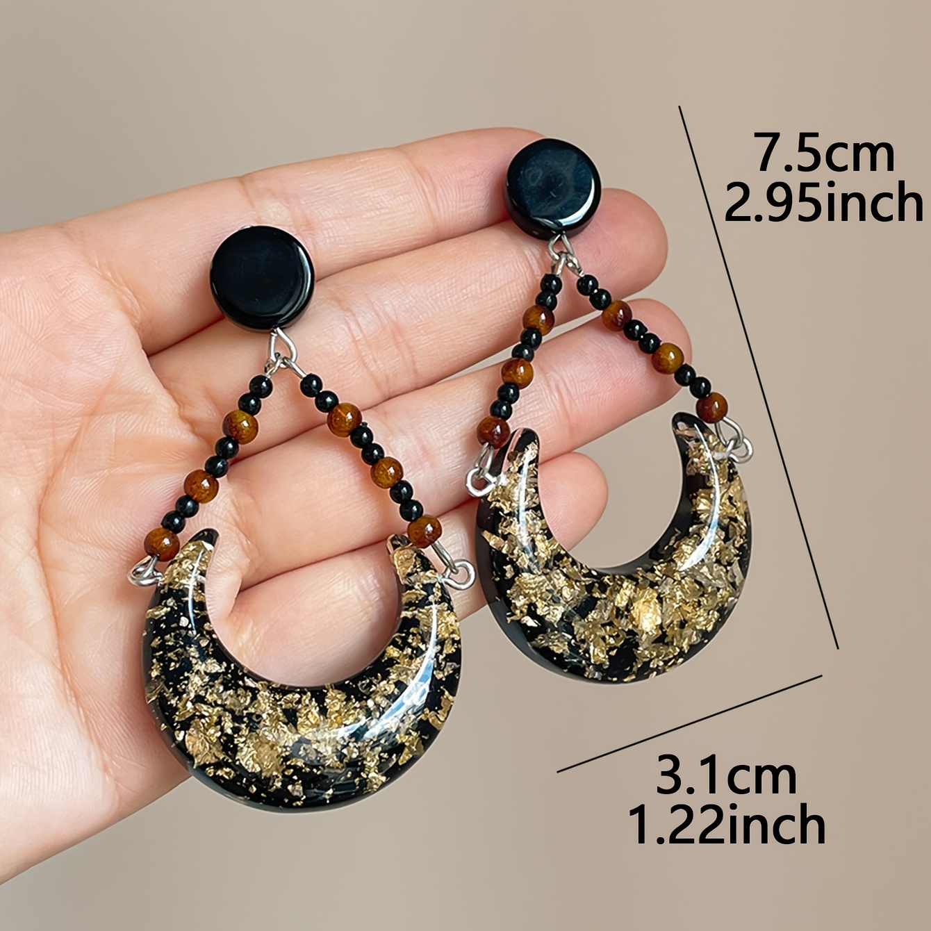 Women's Vintage Black & Golden Moon Beaded Dangle Earrings