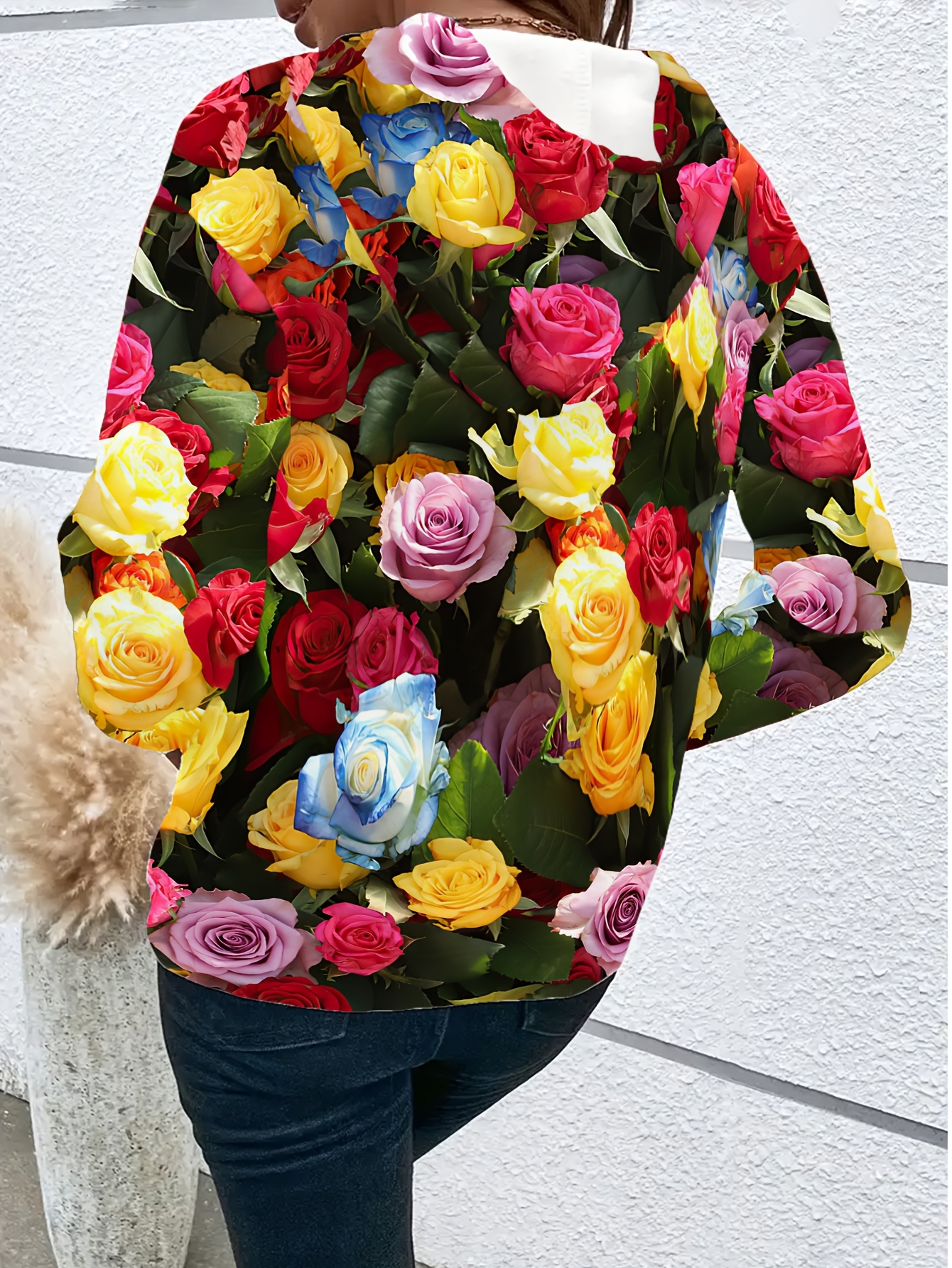 Floral Hoodie With Roses On Sleeves Women's Floral Print Hoodie