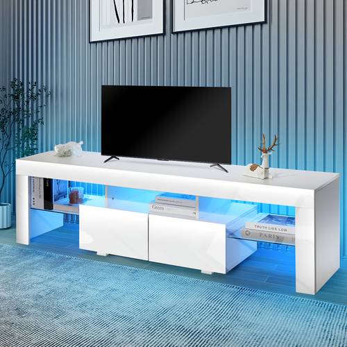 160cm High Gloss LED TV Stand Unit Cabinet - Modern White Wooden Entertainment Center with USB-Powered Lighting, 2 Drawers & Open Shelves, Space-Saving Room, Bedroom, Office, Tv Cabinet for Living Room, Bedroom Storage, Contemporary Furniture, Sleek , Durable Construction,