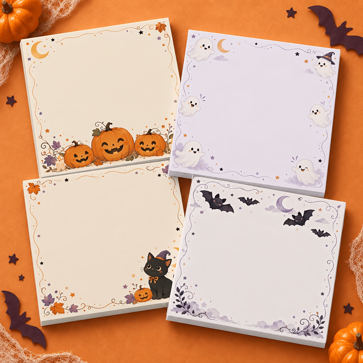 TEMU Ensemble de notes autocollantes mignonnes pour Halloween - Lot de 4 (50 feuilles/, 3X3 pouces) Mémos effrayants Kawaii citrouille chauve-souris