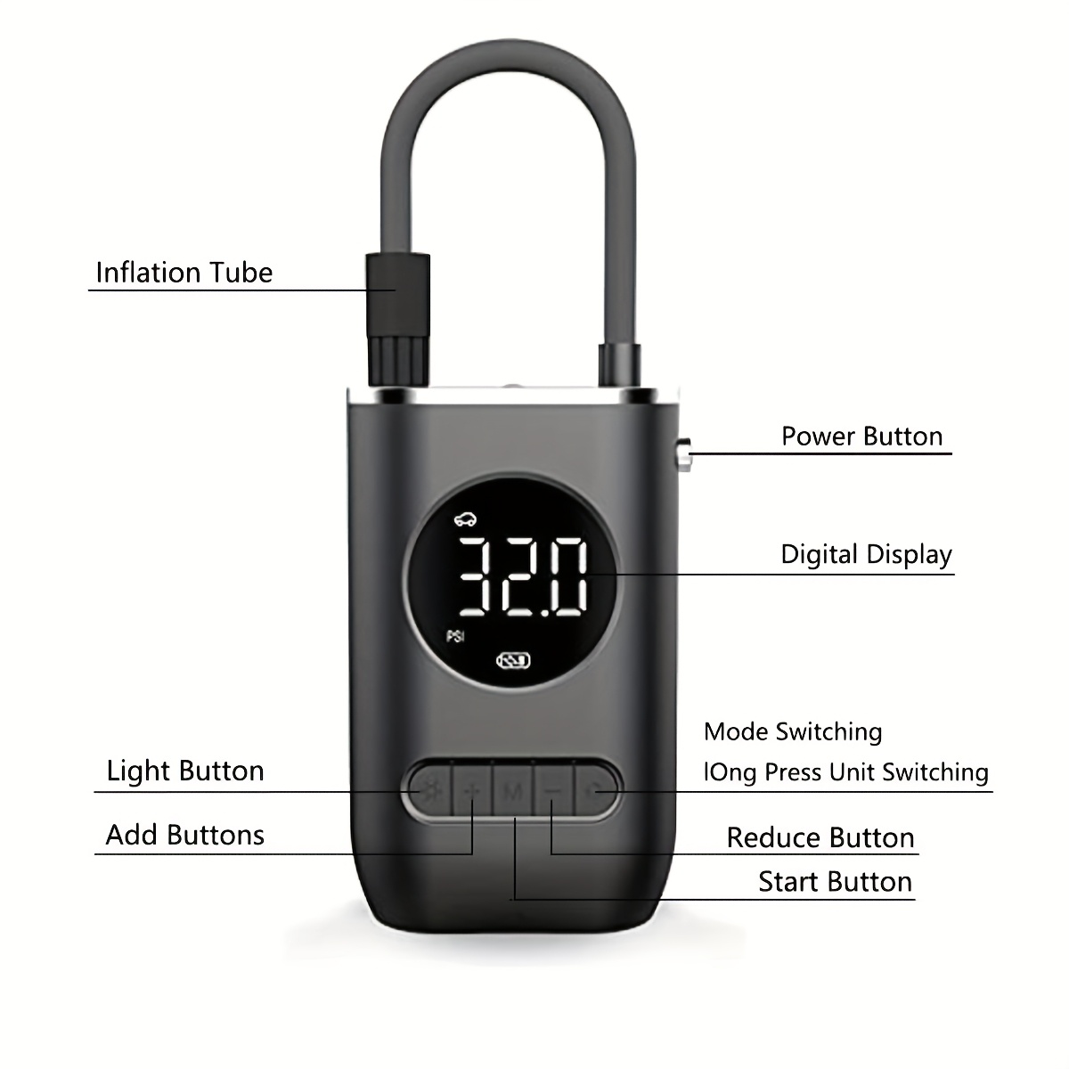 one portable air compressor and inflator a mini cordless tire pump that can to 150 psi suitable for bicycles motorcycles cars basketballs and volleyballs sports and outdoor activities usb rechargeable and operates automatically made from abs material making it an gift details 4