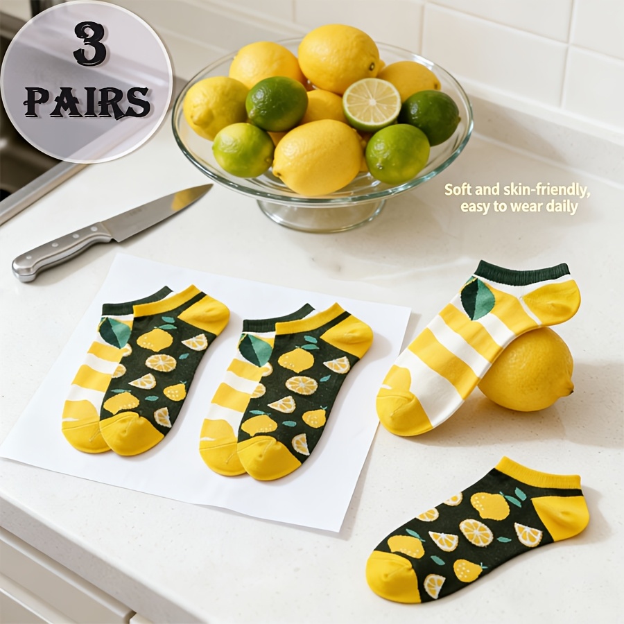 Image of 3 Pairs Men/women Lemon-themed Ab Style Invisible Boat Socks, Style, -friendly Details, Daily Wear Crowd