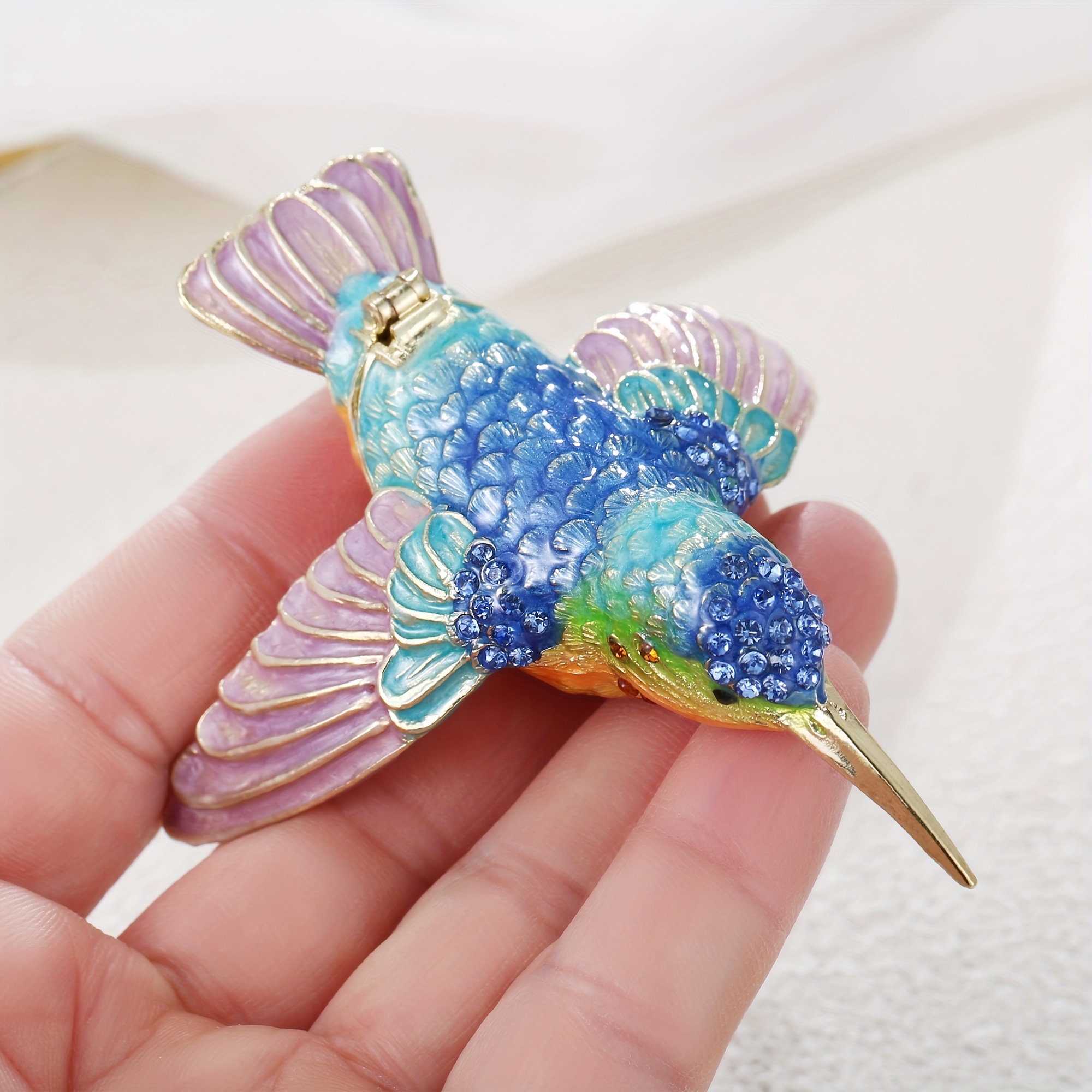 hand painted enameled flying hummingbird trinket box hinged Temu