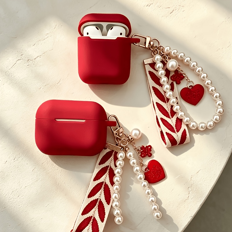 TEMU Burgundy Heart Pearl Lanyard For 1/2/3 Generation Silicone Earphone Shell