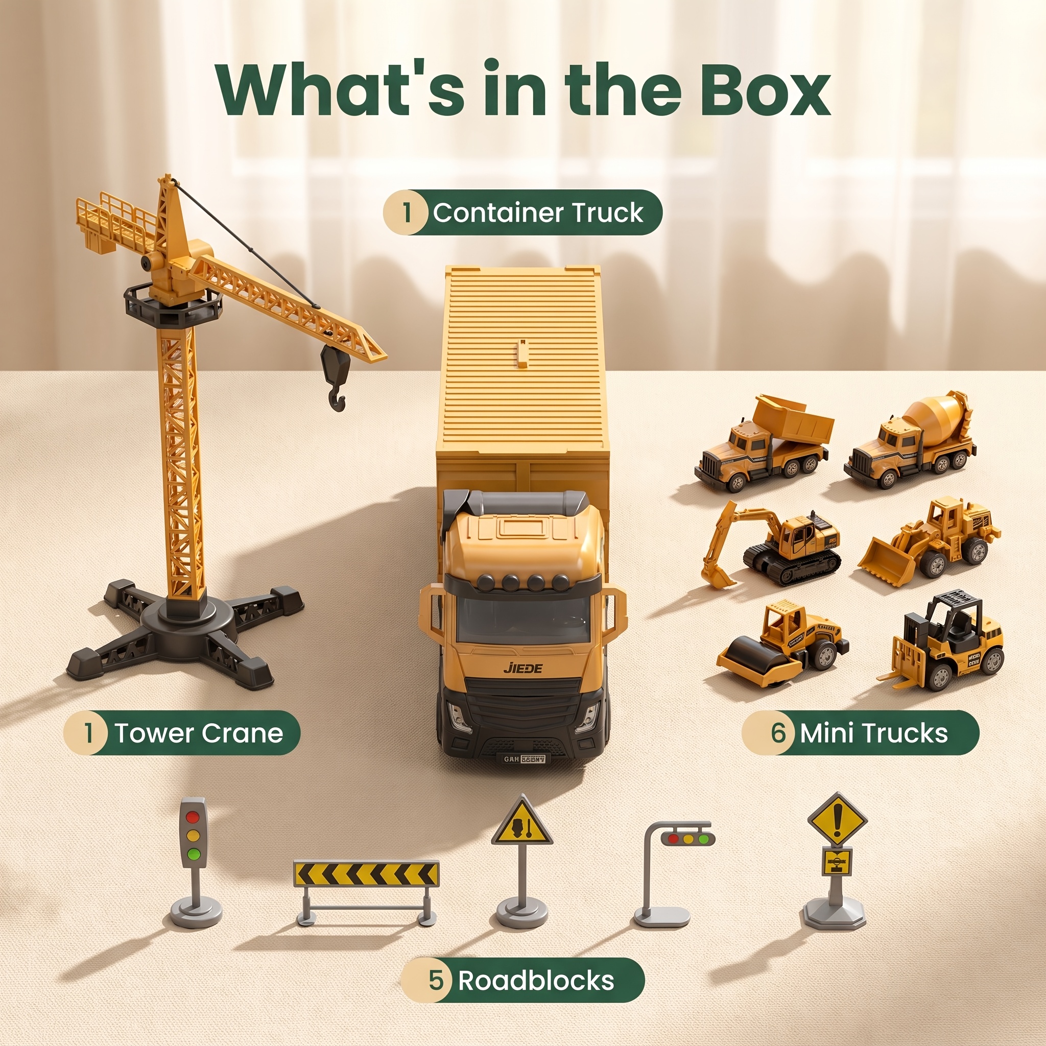 TEMU Construction Truck Toy Set For -8, 6 Mini Alloy Engineering Vehicles With 5 Realistic Road Accessories, Expandable Container Truck With Tower