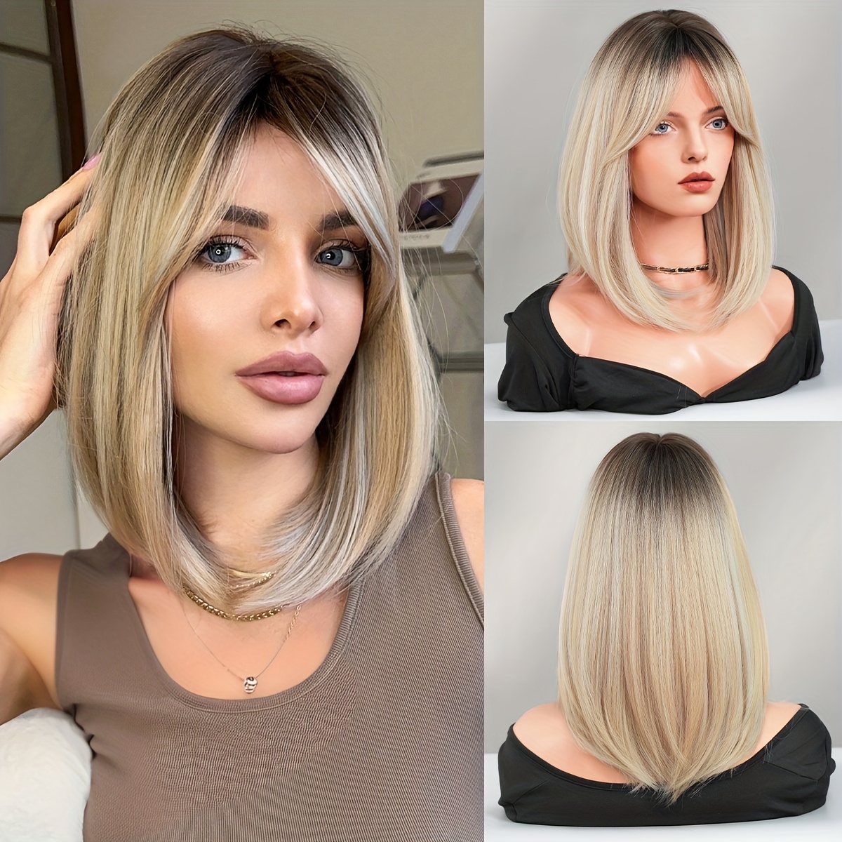Image of Middle Part Wigs Synthetic Short Blonde Wig For Women Daily Use High Density Layered Middle Part Hair Wigs With Dark Beginner Friendly 16inches