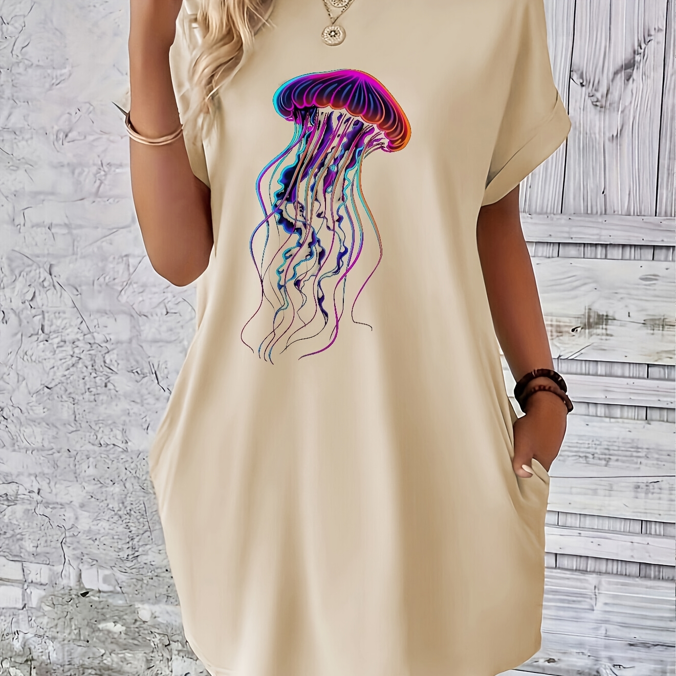 

Women's Casual Crew Neck Jellyfish Print Pocket Dress, Elegant Short Sleeve T-shirt Style, 100% Polyester Knit Fabric, Wear