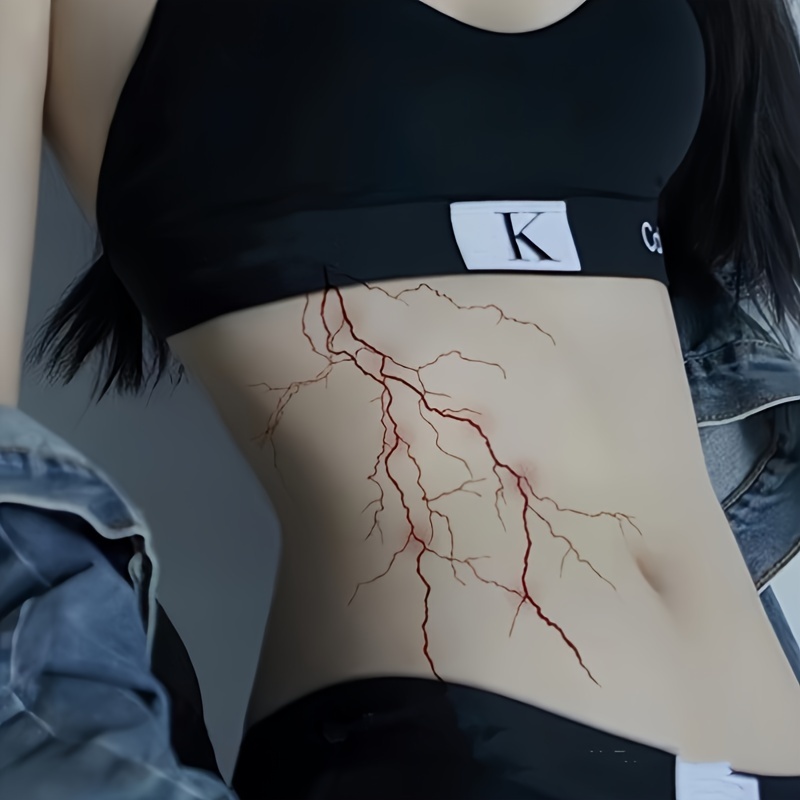 

Gothic Red Vein Lightning Tattoo Stickers, Unisex Waterproof Abstract Sexy Body Art For Waist, Face, Arm, Temporarily Flash Tattoos With Creative Line Design