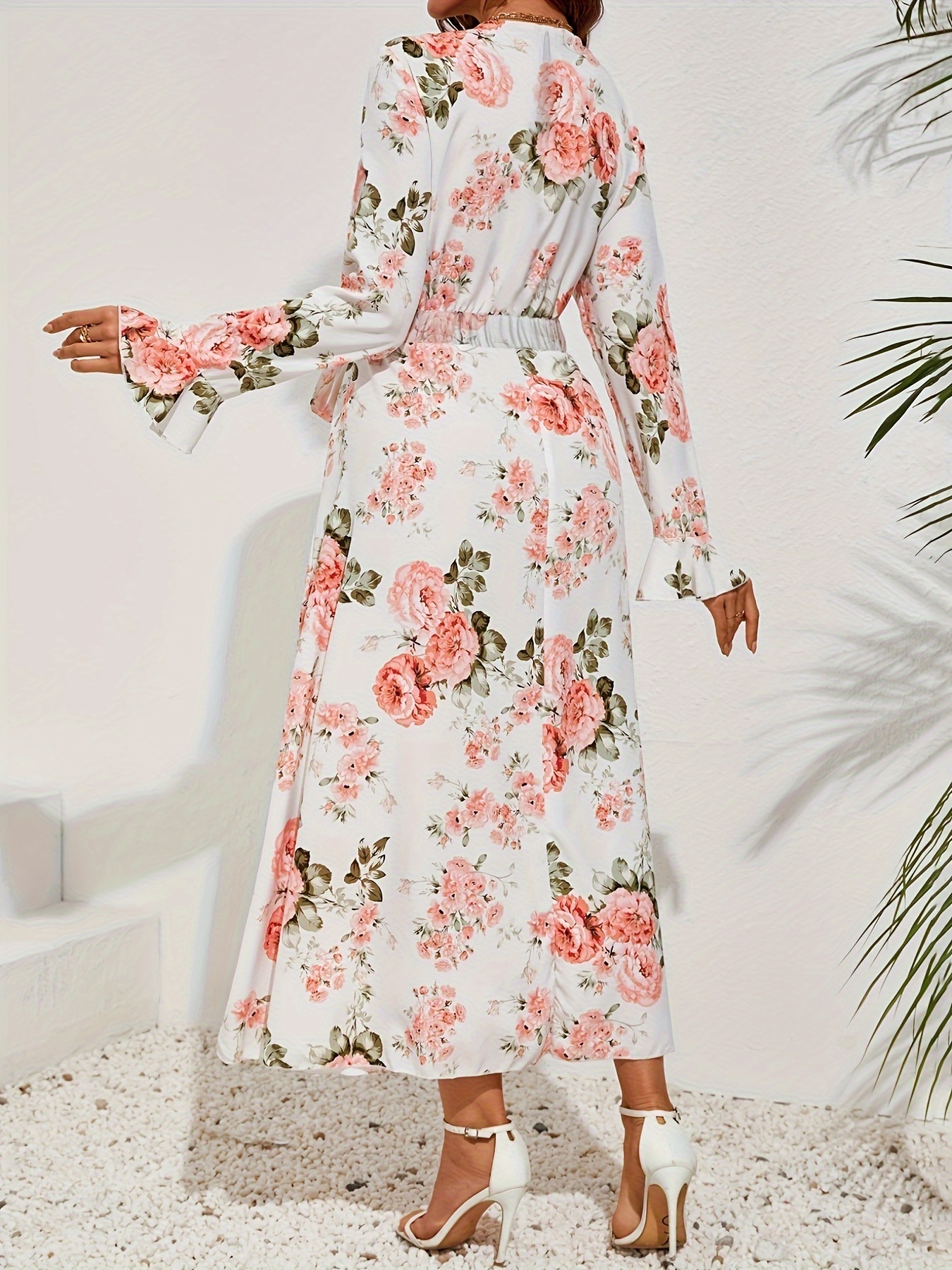 8843 women's elegant bell sleeve floral print a line dress