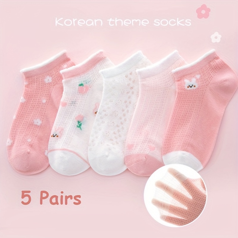 

5 Pairs Of Toddler's Cute Thin Mesh Low-cut Ankle Socks, Soft Comfy Cotton Blend Children's Socks For Girls All Seasons Wearing