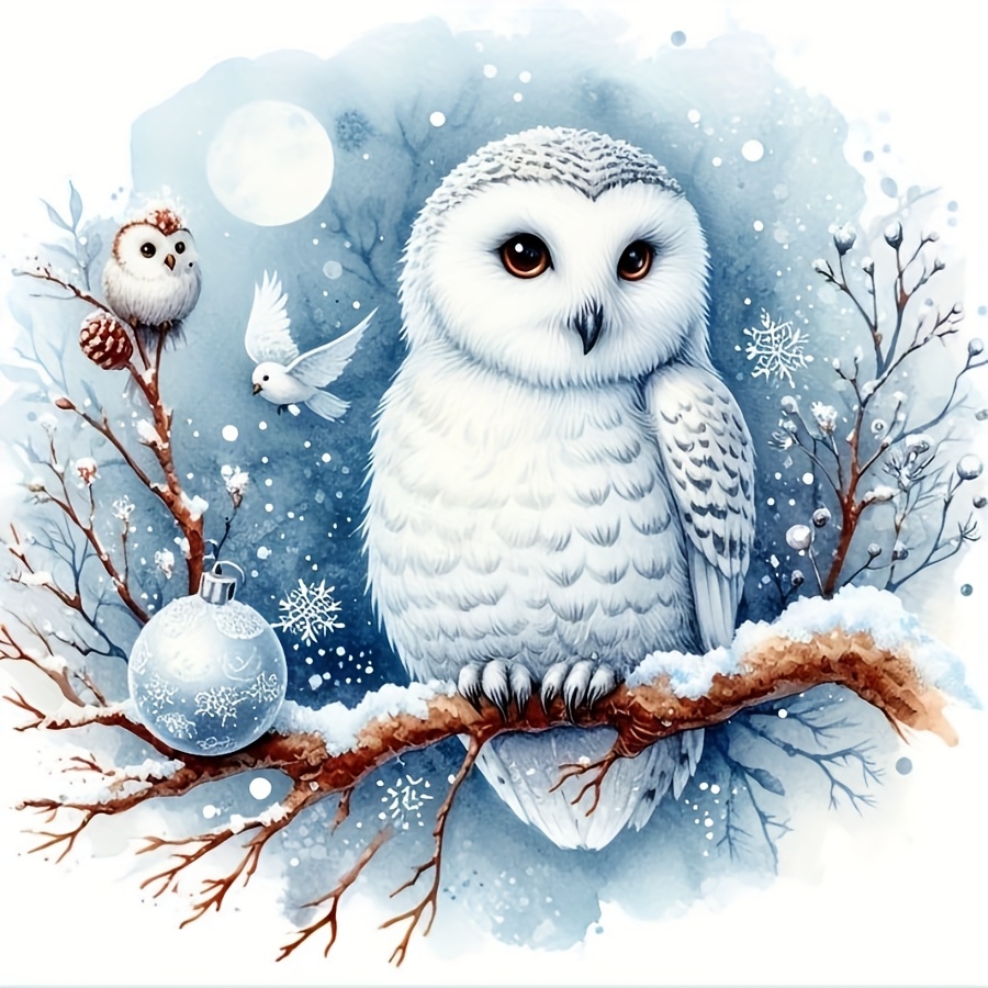 

1pc 5d Diamond Painting Kit, Round Acrylic Diamonds, Animal Theme, Diy Craft, Owl And Snow Scene Design