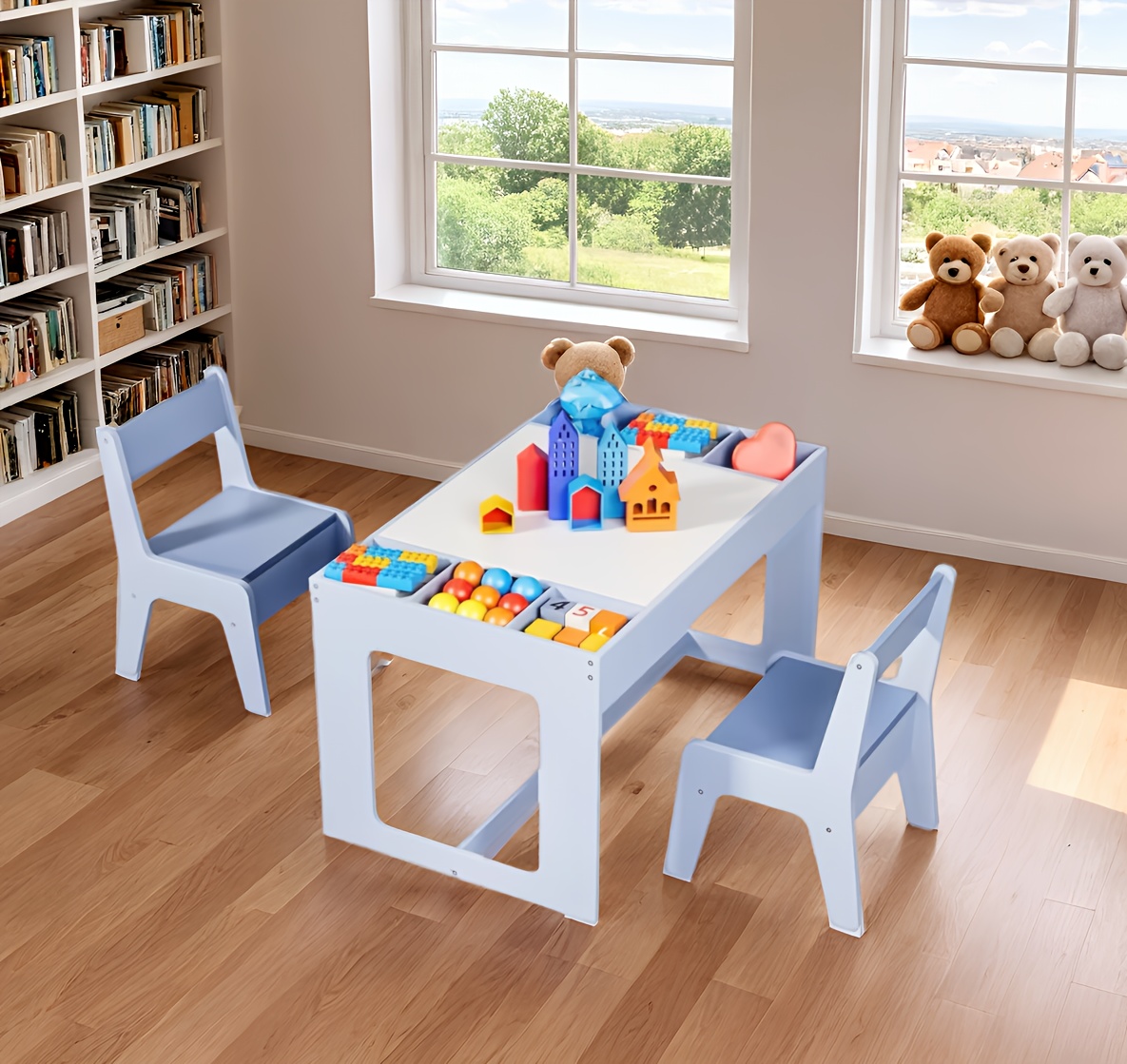 Set of Table And Chairs for Children, Featuring a 3-In-1 Wooden Activity Desk with a Blackboard, Storage Area, And a Removable Tabletop for Drawing, Reading, Playing, And Crafting, Suitable for Nurseries And Playrooms