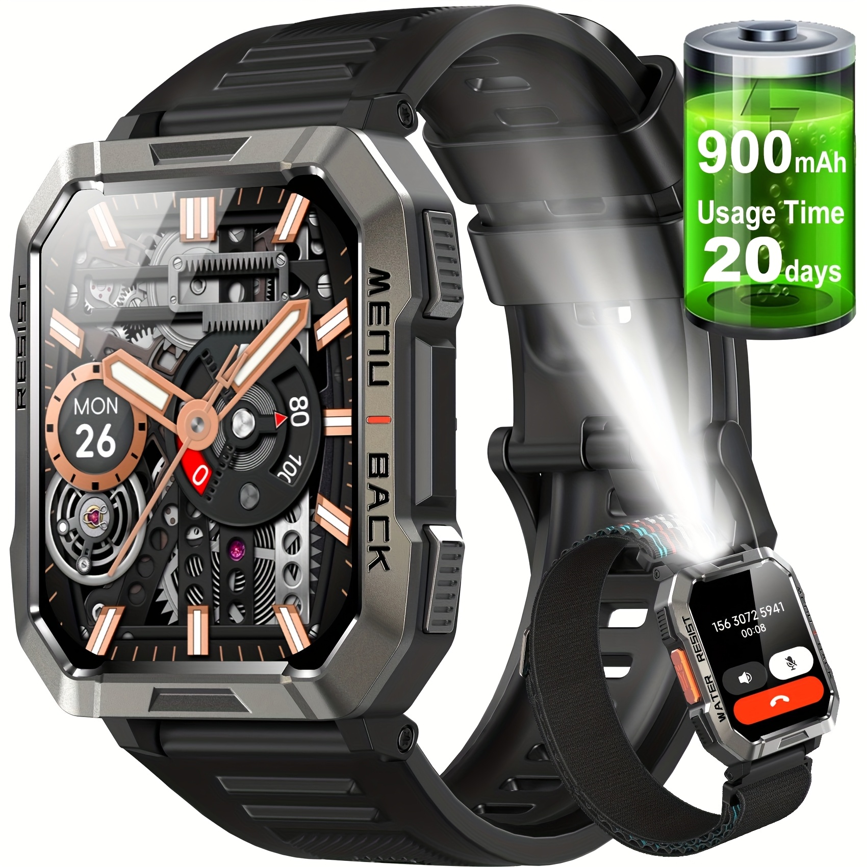 The Smart Watch For Men In 2025, Featuring Sleep , Capabilities, Wireless Calling, And Message Notifications. It Boasts -day , A Built-in Led Flashlight, A Compass, 2 Interchangeable Straps