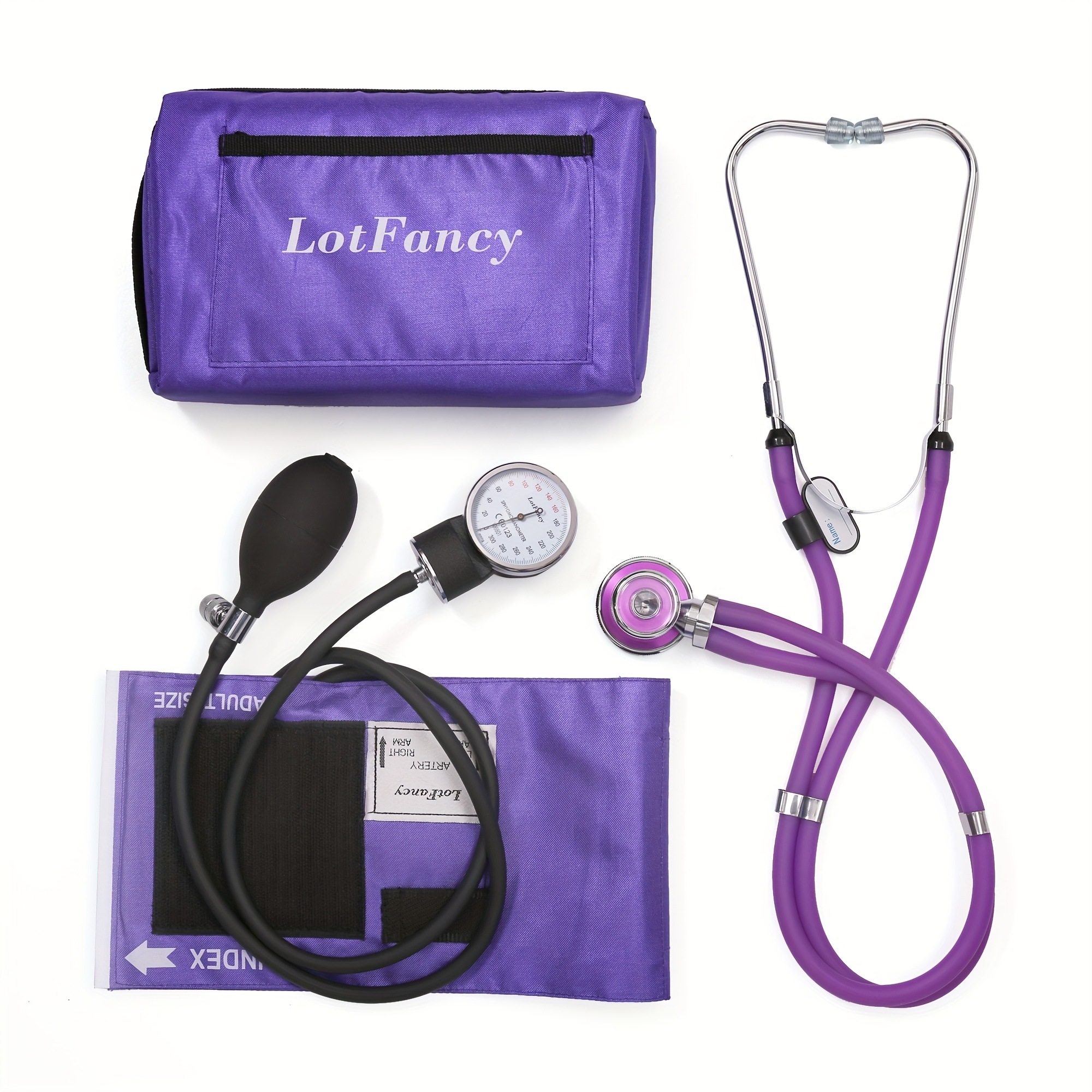 Aneroid Sphygmomanometer and Dual Head Sprague Stethoscope Kit with Universal 10"-16" Adult BP Cuff and Zipper Case, Purple