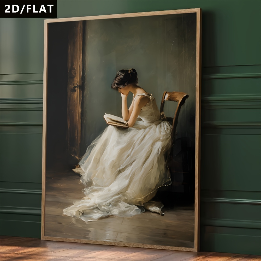 TEMU 2d Flat, 2d/flat 1pc Retro Reading Girl Decor Painting, Classical And Elegant Oil Painting Style Wall Art, Canvas Poster, Suitable For Light