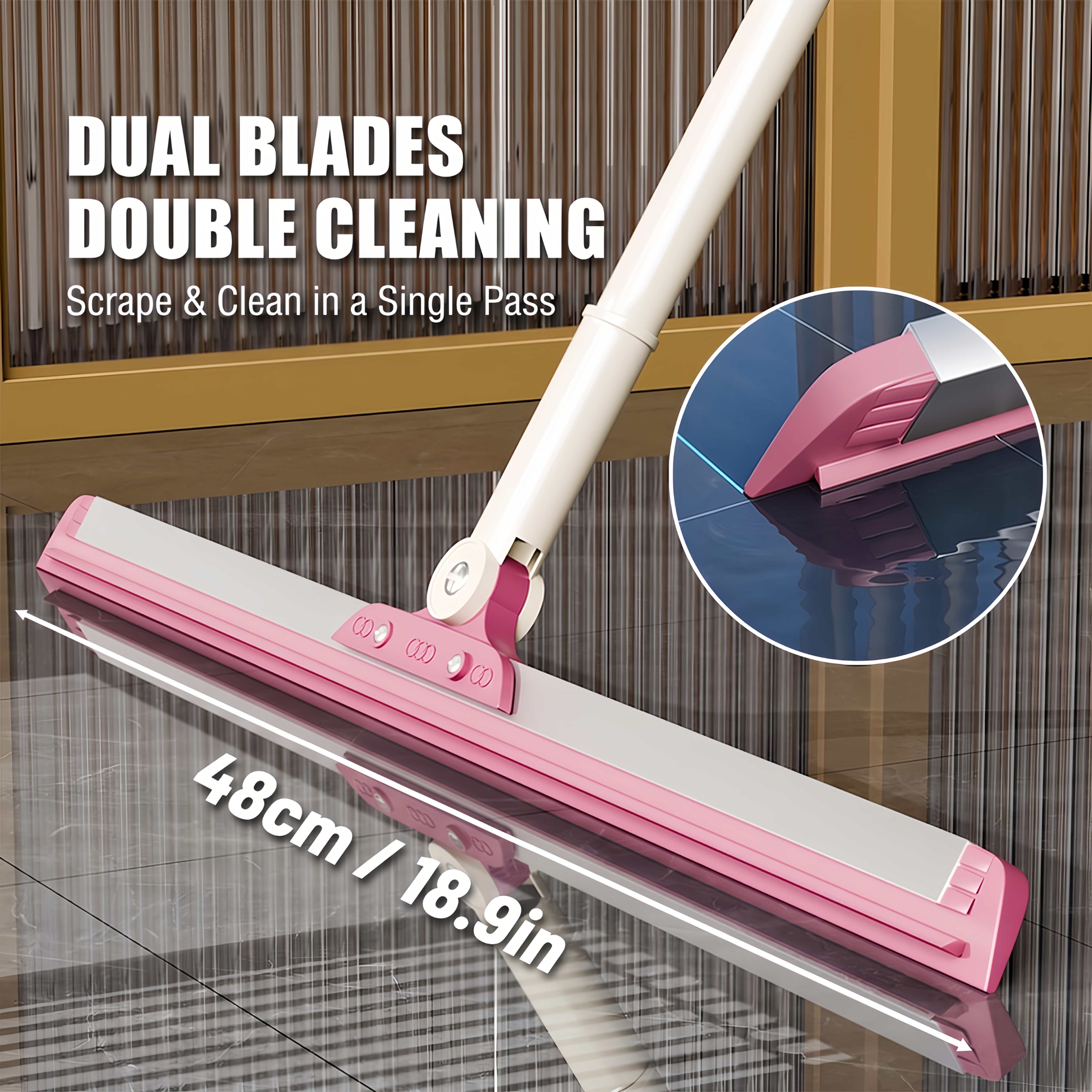 TEMU Black And Pink Squeegee Broom, 3-in-1 Floor Wiper With 180 Degree Adjustable Head, Water Scraper And Pet Hair Remover For Bathroom Shower Tile