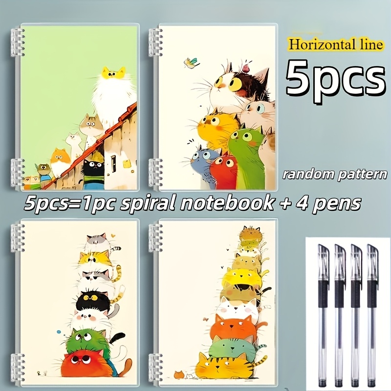 5pcs Set, Including 1 Spiral Notebook And 4 Pens - Cute Cartoon , 120 Pages Per Book, Detachable Binding, Suitable For School, Office Or Diary, Cute Notebook