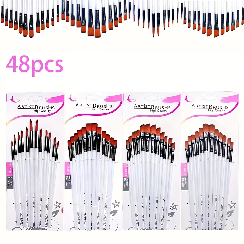 

48pcs Paint Brush Set, With Handles, Nylon , Includes Round, Flat, Angle, And Fan Brushes, For Acrylic, Oil, Gouache, And Watercolor Painting, Ideal For , With Perfect Christmas Gift For Artists