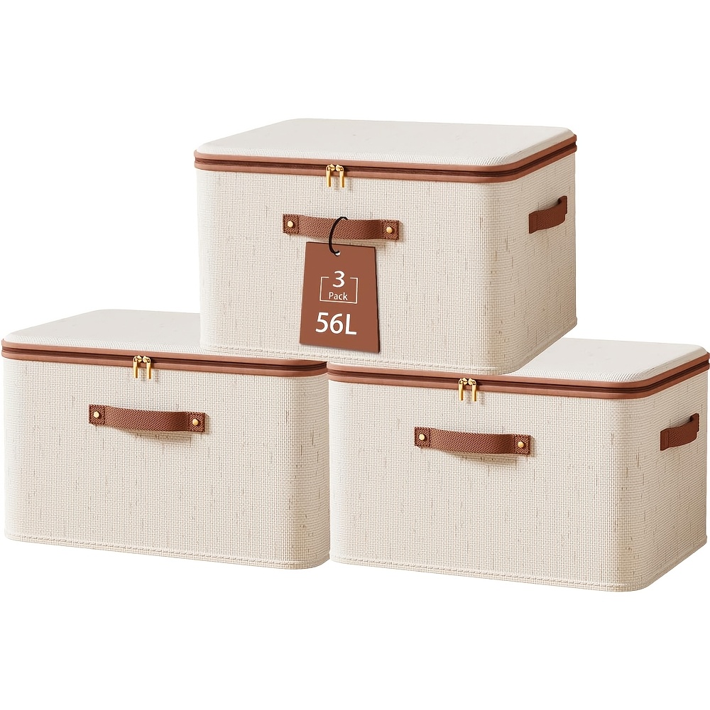 Xhsgx 3pcs Rigid Storage Bins With Zipper Lid, Fabric Storage Boxes, Foldable Shelves Clothes Storage Cubes With Handles For Wardrobe, Closet (beige)