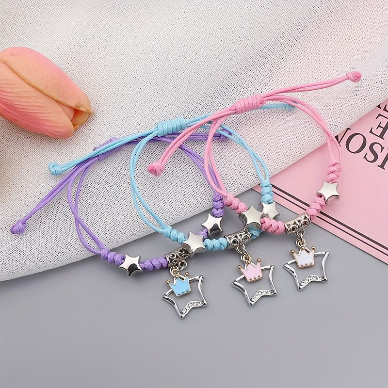 TEMU Trois Meilleurs Amis Bracelet Étoile et Nuage Style Coréen Couronne Simple Vintage Lot de 3 Bracelets Lune Bracelet Tressé Corde Colorée