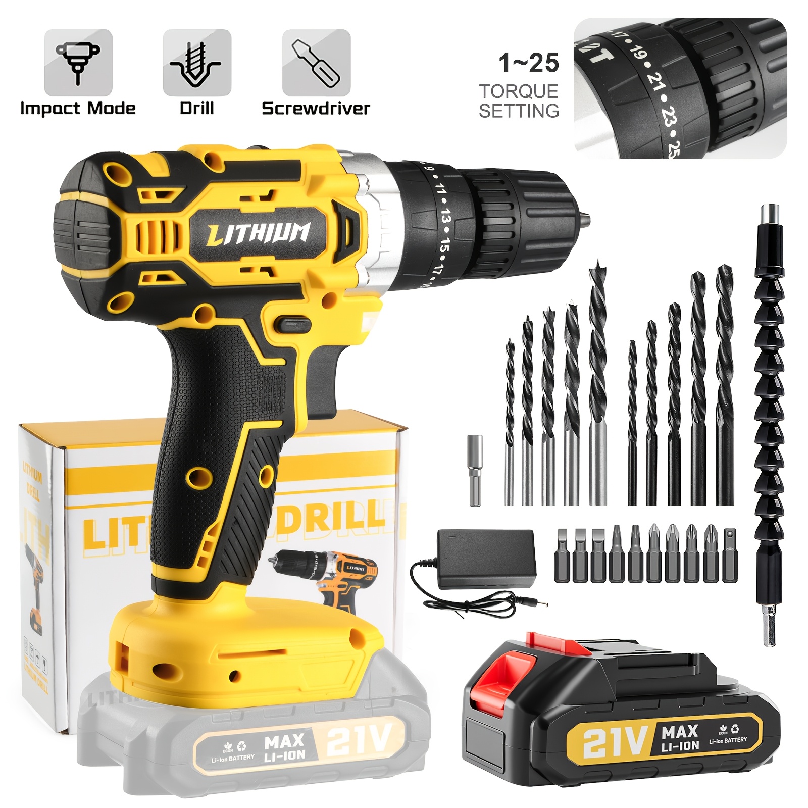 TEMU 21 Wireless Drill Set] 25+ Adjustable Set With Built-in Led Light, Cordless Rechargeable Drill Tool Set, Comes With 1 Batteries, Drill Bit Set,