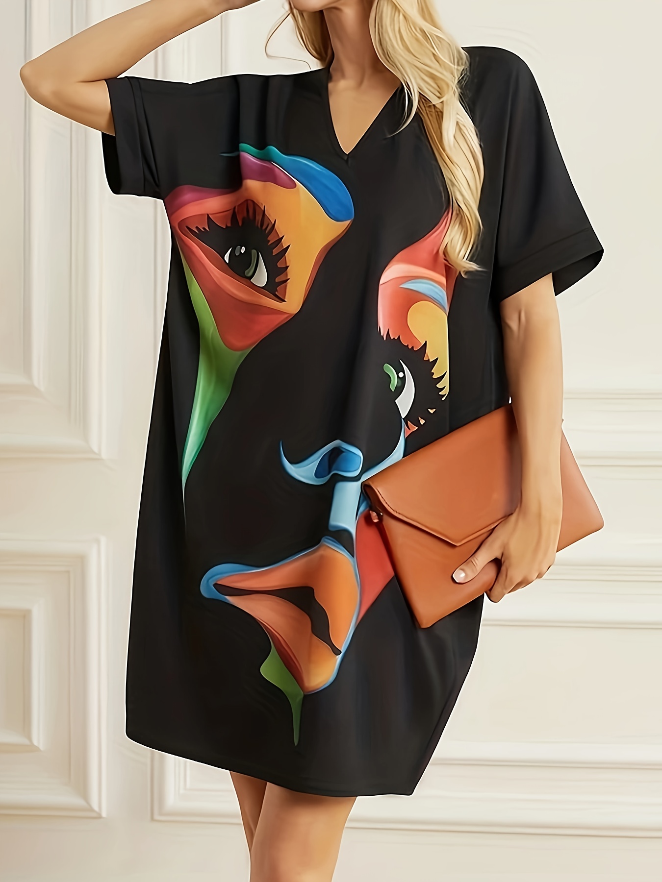 Casual Boarderd Tee Shirt Dress New Cross-border Abstract Print