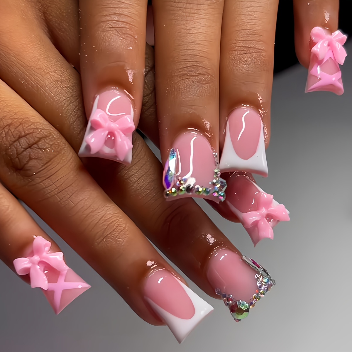 TEMU 24pcs Duckbill French Luxury Pink Bow Sparkling Elegant Grid Fashion White Edge Set Suitable For All Women And S With Included Nail File And Jelly Glue Easy To Apply