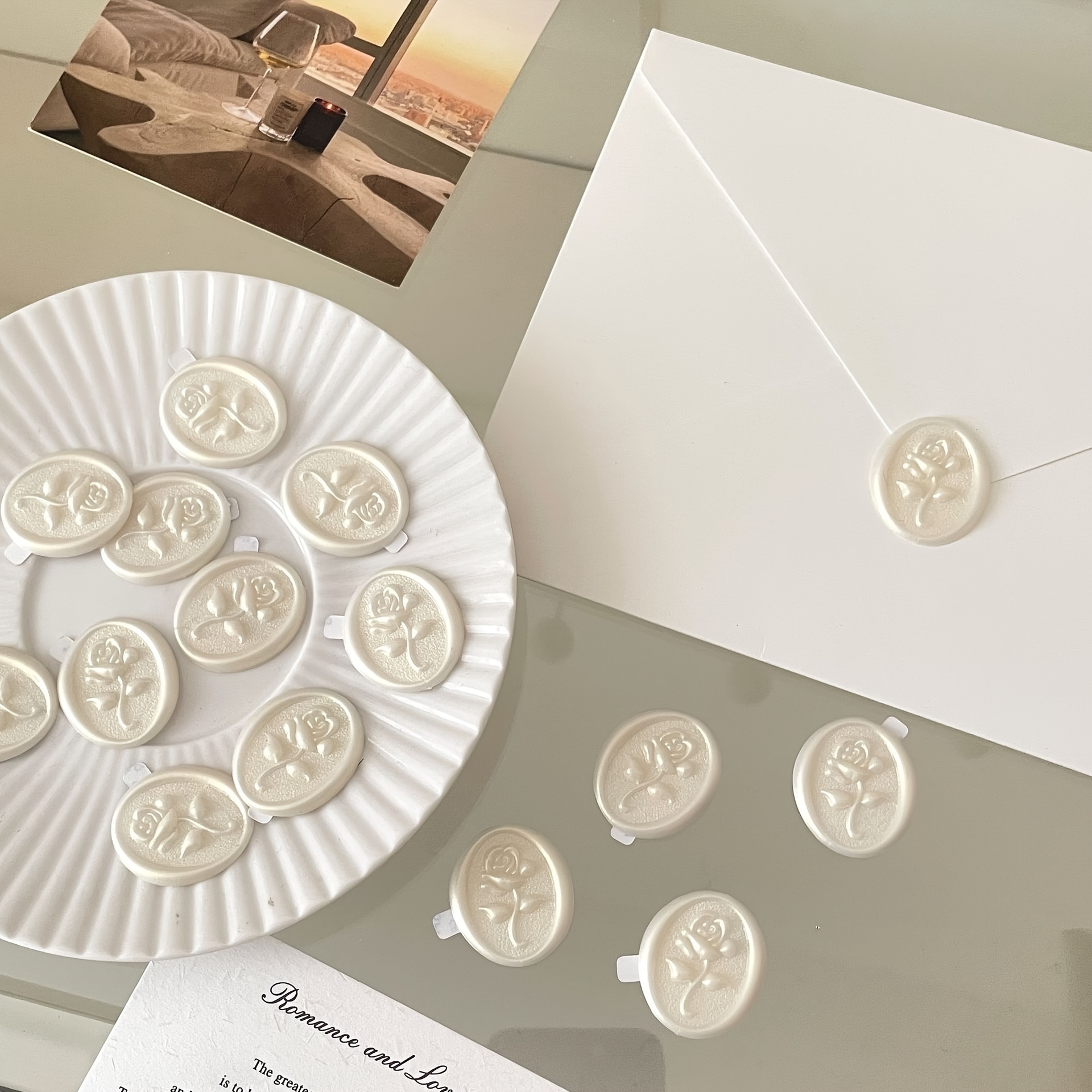 TEMU 10 Versatile Beige Rose Wax Seal Stickers, Embossed Three-dimensional Envelope Sealing Stickers, Diy Stickers, Notebook Decorations, Sealing