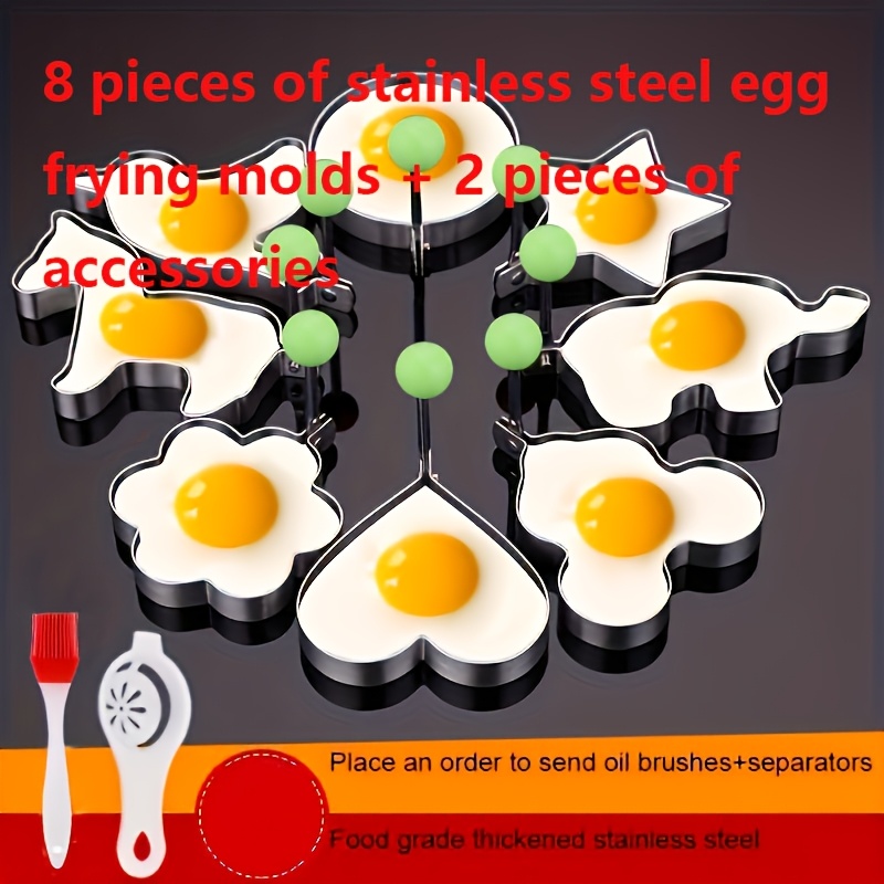 Image of 10pcs (8pcs Of Stainless Steel Egg Frying Molds + 2pcs Of Accessories)-thickened Stainless Steel Egg Fryer Model, Love Shaped Egg Frying Mold, Creative Egg Ring, Fried Egg, Poached Egg Grinding Tool