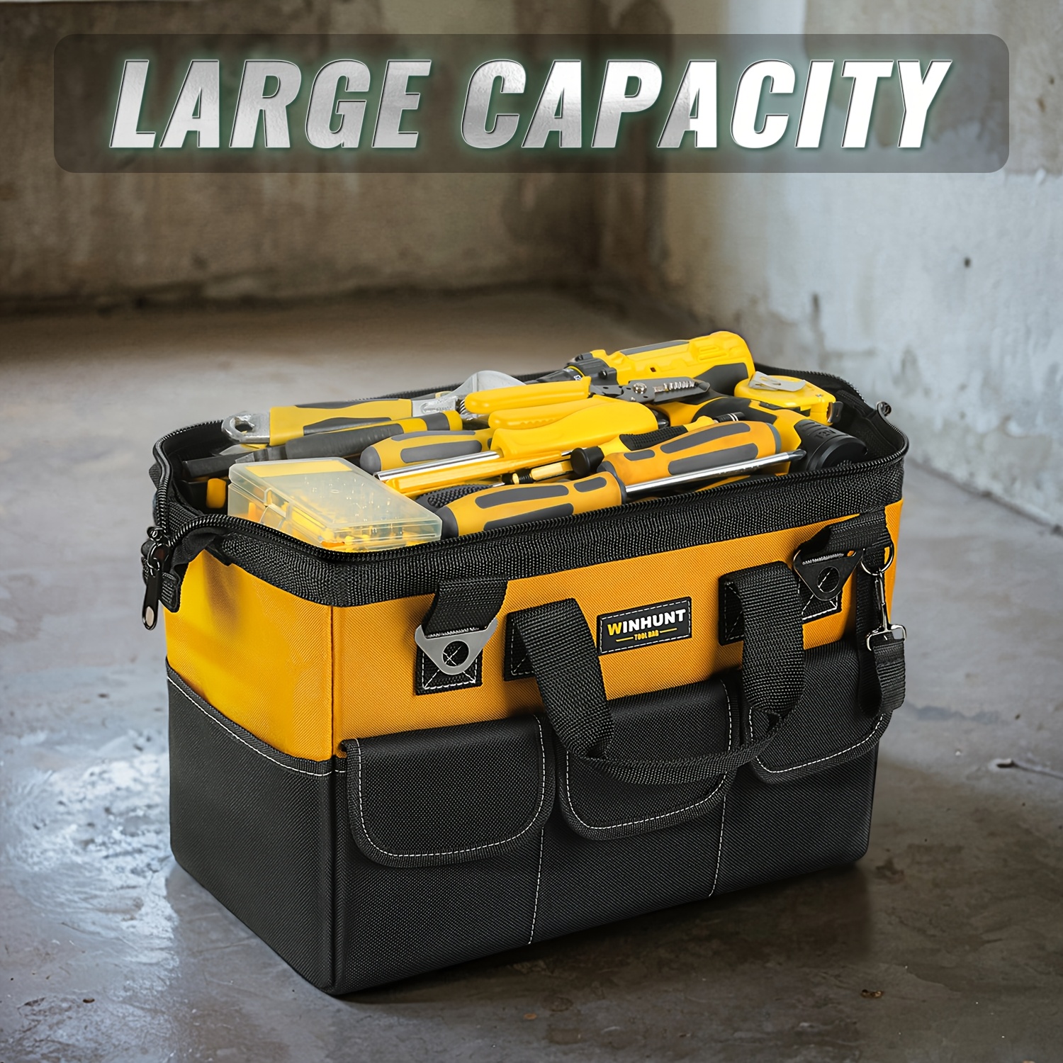 13 Inch Tool Bag, Tool Storage Bag With Adjustable Strap, Large Capacity, Durable Rubber Handle, Yellow And Black