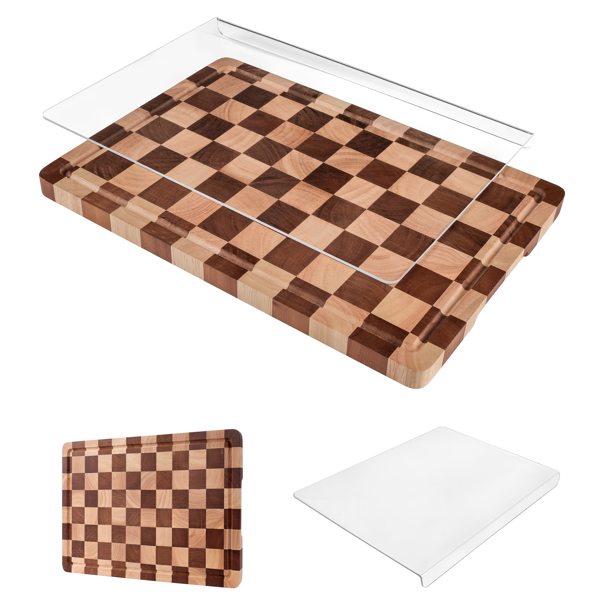 TEMU Cutting Board Set Of 2, Checkered Wood And Acrylic Cutting Board With For Kitchen Counter, Wood Checkerboard Chopping Board With Juice For