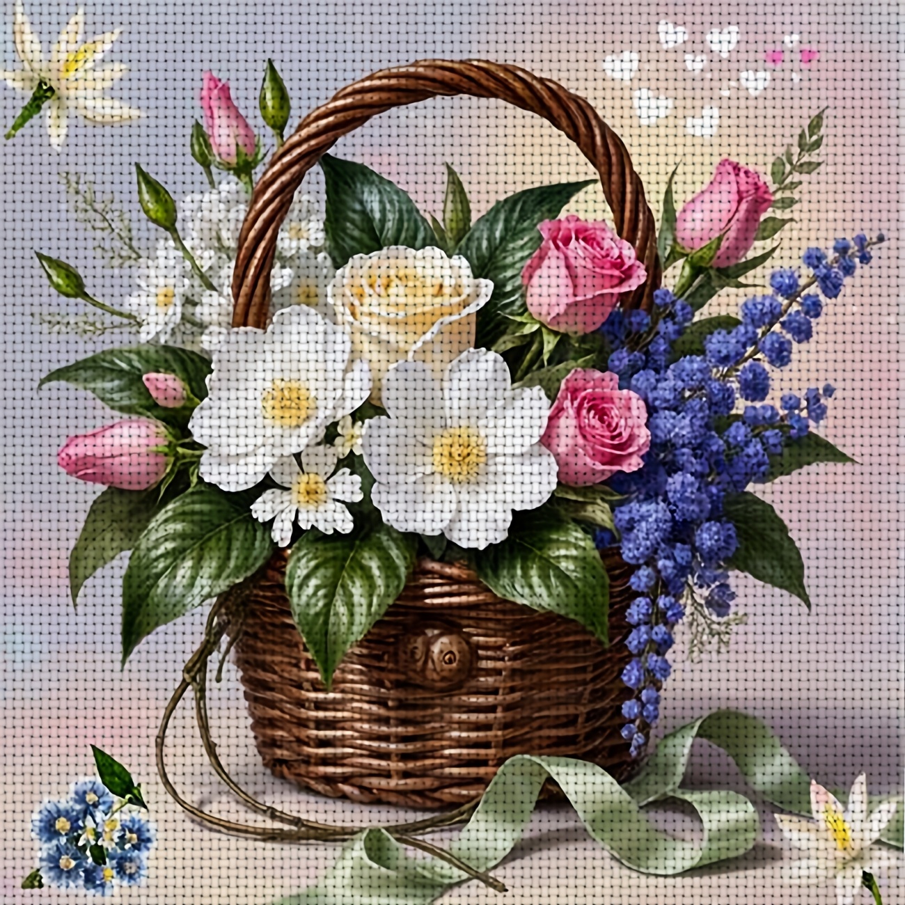 TEMU 1pc Printed Cross- Kit, Frameless, "basket Full Of Flowers" Pattern, Perfect For Beginner's Relaxing Handmade Craft, Experiencing The Full From
