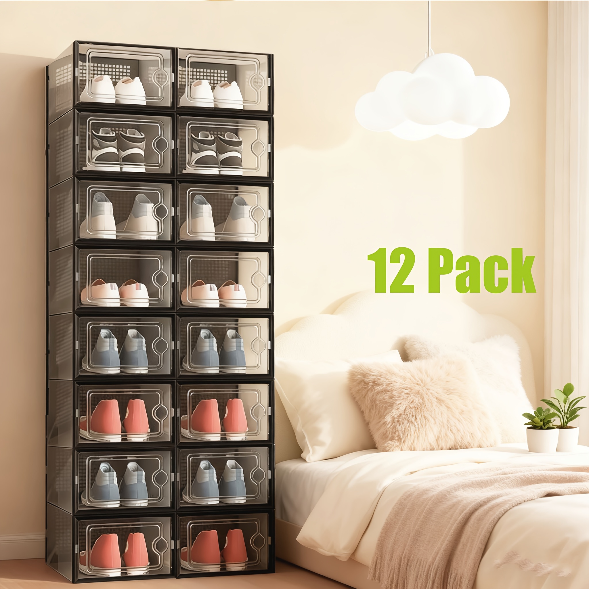 TEMU 12 Pack Thick Transparent Shoe Box With Lid, Shoe Storage Boxes Organizers Clear Plastic Stackable, Waterproof, Space-saving Plastic Shoe Rack
