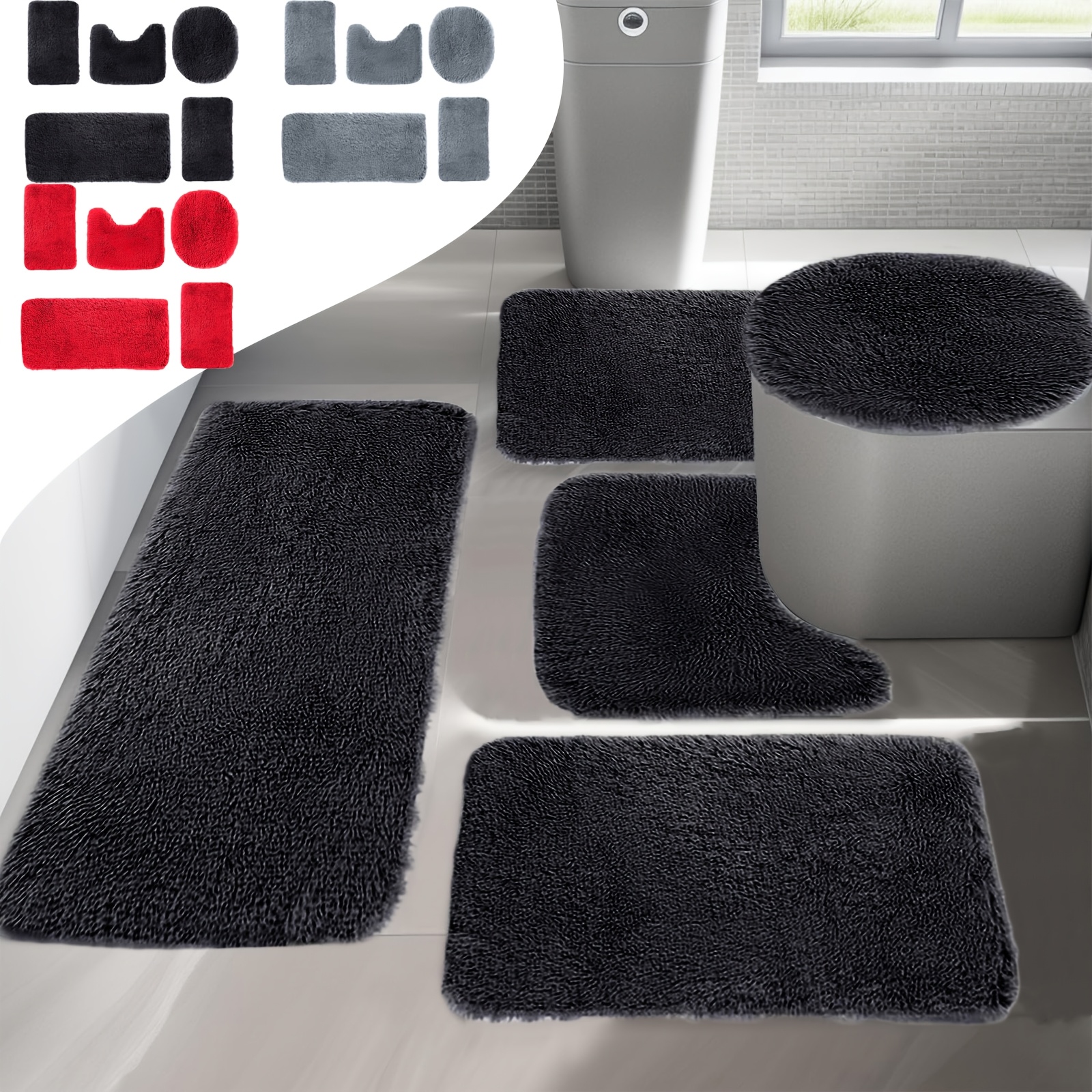 

5pcs Dianli Bath Mat Set, Soft High Pile Bathroom Rugs, Non-slip Rubber Backing, Quick-dry, Machine Washable, With Decor For Bathroom