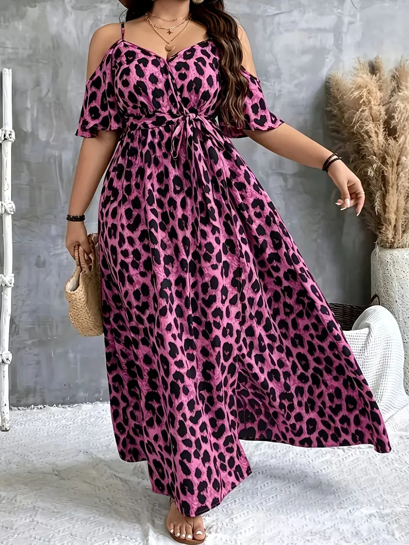plus size pink leopard print dress Plus Size Leopard Wrap Dress Super Plus Size Wrap Bust Leopard Print Maxi Dress
