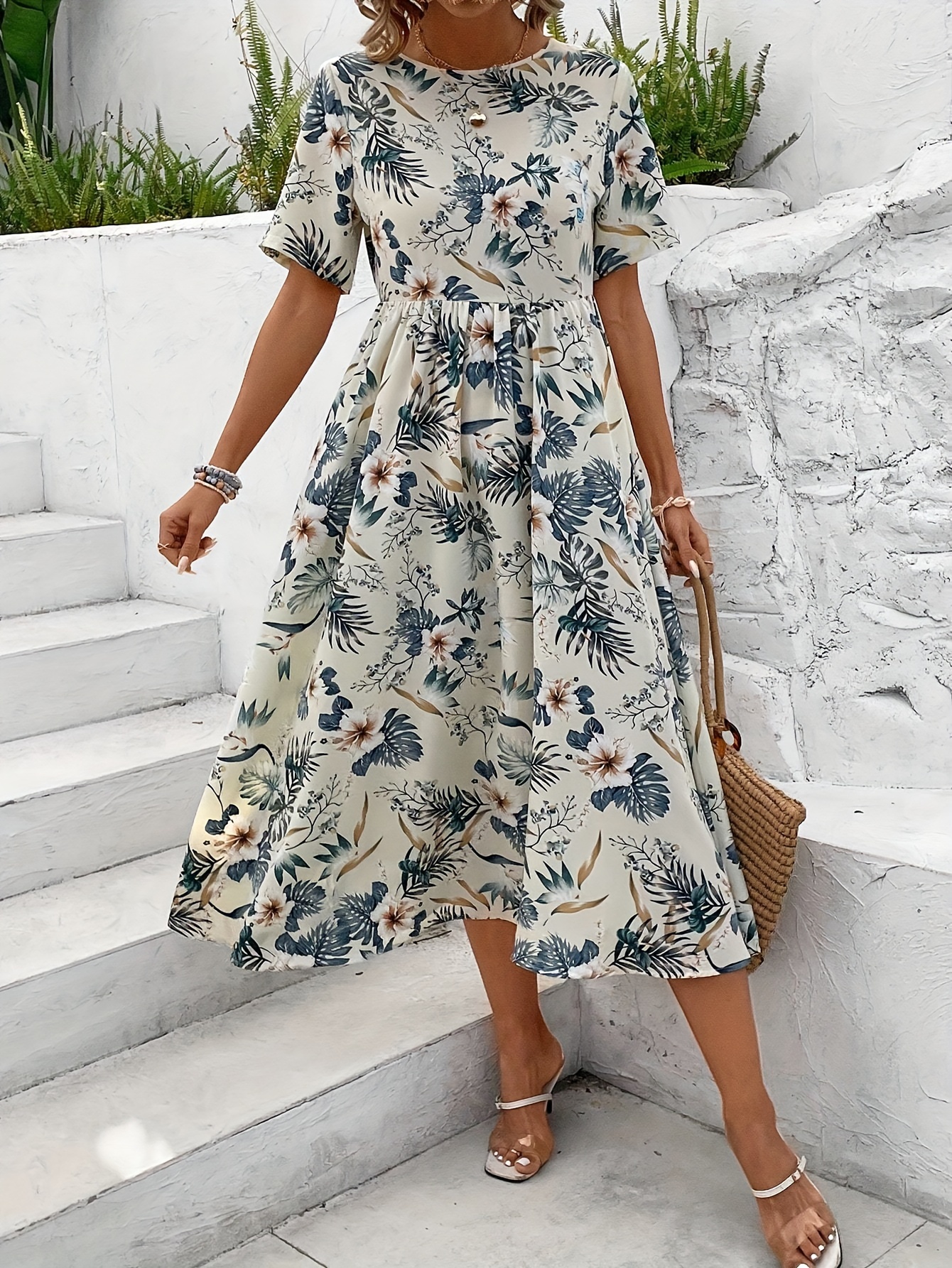 floral print crew neck dress casual cinched waist short sleeve dress for spring summer womens clothing mixed color 0