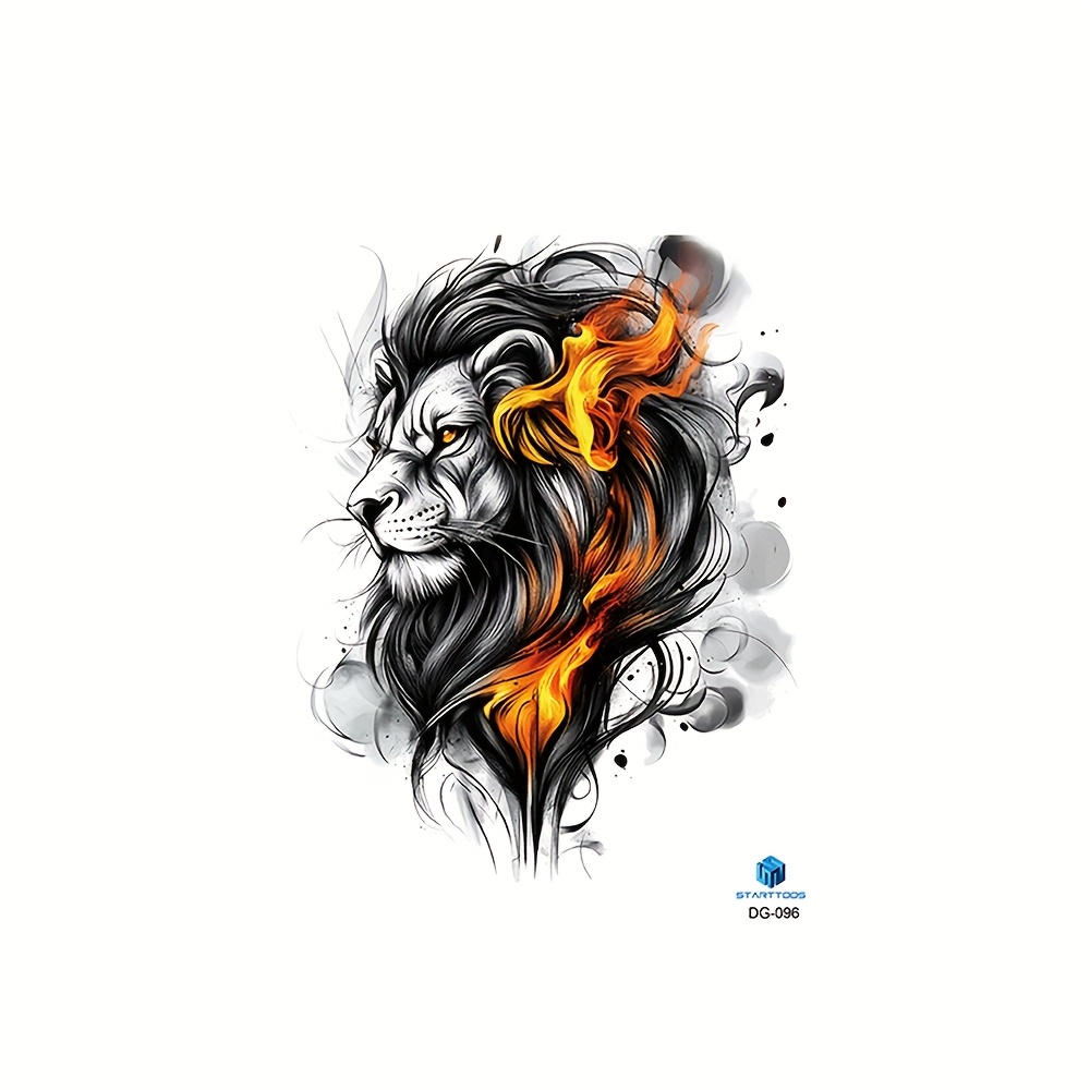 Image of Vibrant Lion Temporary Tattoo Sticker - Waterproof Body Art For , Legs, Chest & Back - Multicolor Design With Detailed Flame & Fur Texture - Perfect For Parties & Events - 1pc
