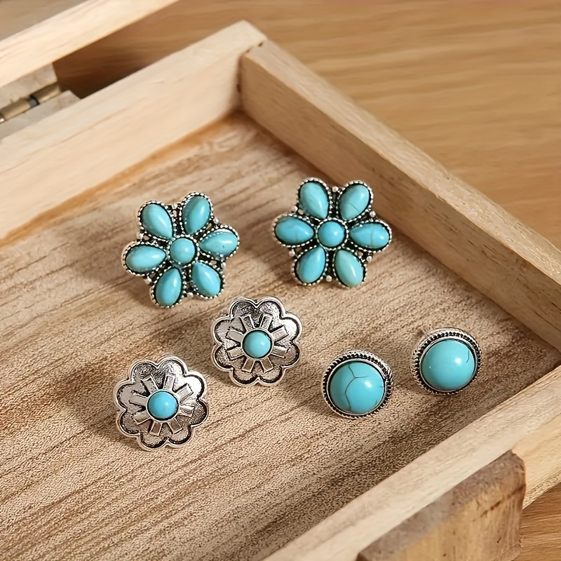 

3 Pairs Of Stud Earrings Inlaid Faux Turquoise Vintage Style Ear Piercing Jewelry Accessory