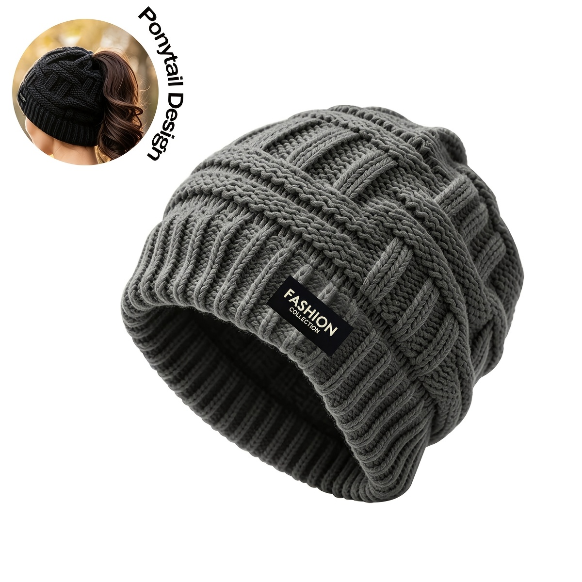 TEMU Women's Brimless Thick Beanie For Autumn/winter, Daily Running Warm Hat, Men's Hat With Ponytail Opening At The Back, Unisex Hat