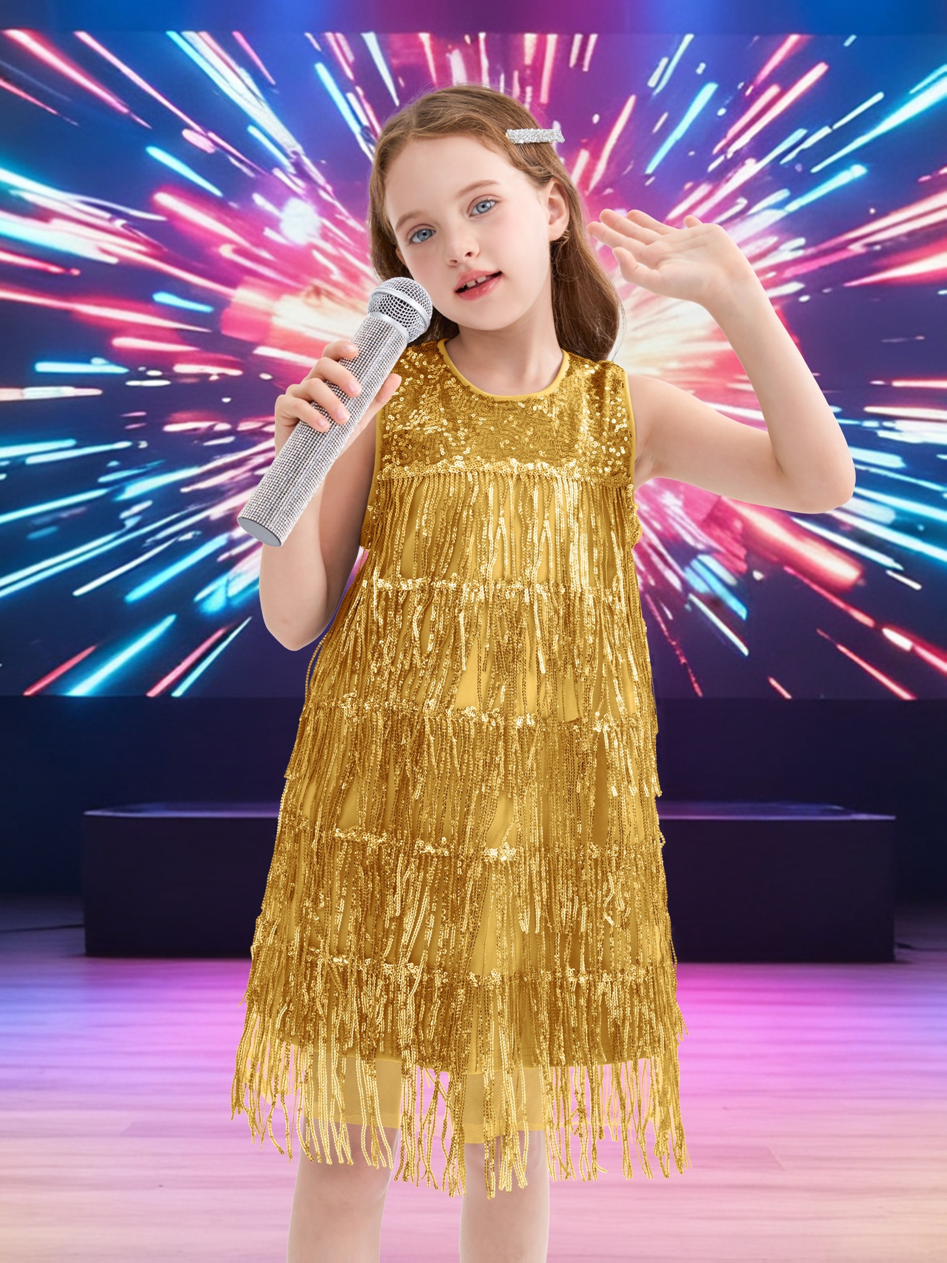 * Sleeveless Sequin Fringe Dress for Girls, Salsa * Fringe Latin Dance  Outfit, Flying Wave Girl