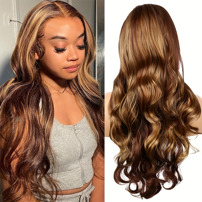 TEMU Highlight Ombre Brown Long Curly Wigs For Women, 28 Inch Body Wave Honey Blonde Glueless Wigs For Women, Long Wavy Synthetic Wigs, Middle Part