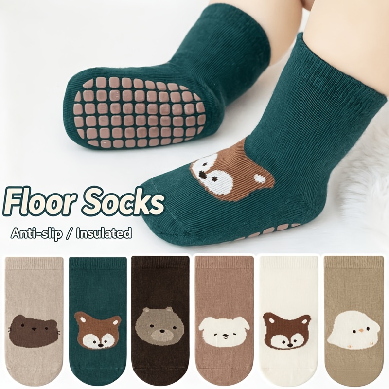 TEMU 6 Pairs Of Baby Walking Socks Featuring Cartoon Animal Designs, With Non-slip On The Soles, Suitable For Toddlers To Wear At Home Or Outdoors