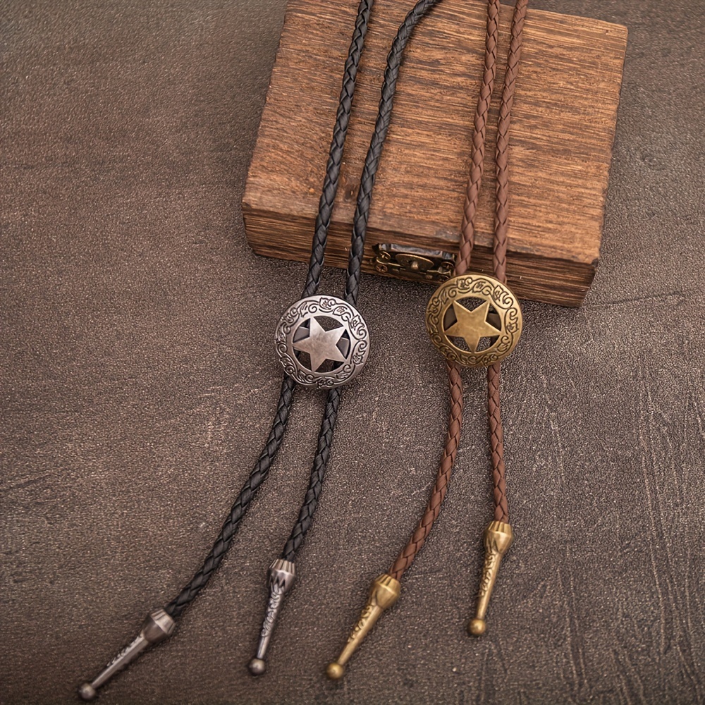 

Vintage Western Cowboy Bolo Tie - Star Pendant Necklace, Pu Leather Long Rope For Everyday Wear & Gifting Cowboy Accessories