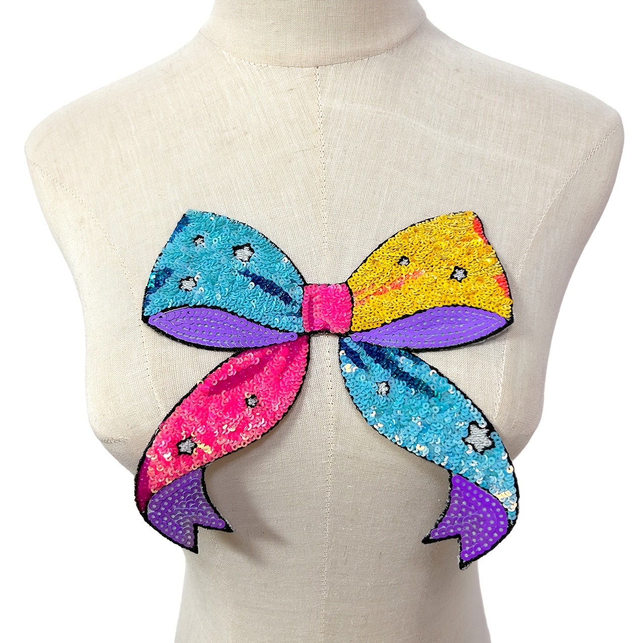 TEMU 1pc Colorful Sequin Bow Embroidery Patch - Cartoon Versatile Iron-on Diy Applique For Clothing Bag Decor